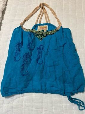 Free People Teal Blue Beaded Tank Top with Seahorse Motif